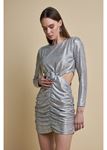 Beli Pencereli Büzgülü Elbise-Gümüş