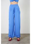 Pile Detaylı Saten Pantolon-Mavi