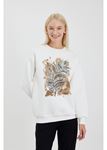 Etnik Desenli Pullu Sweatshirt-Ekru